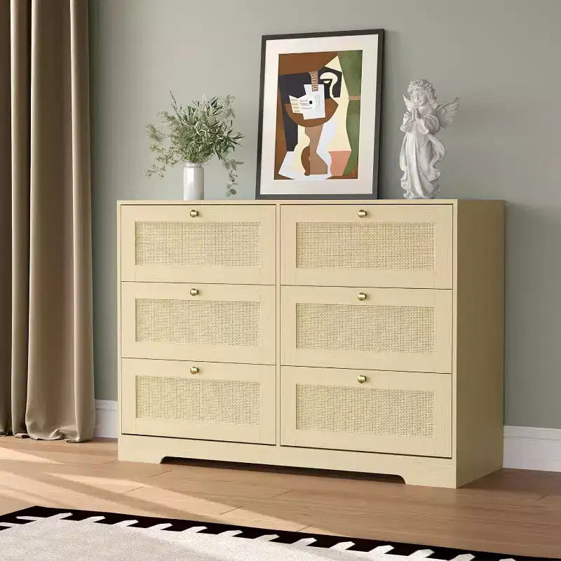 Rattan Dresser with 6/ 8 Drawers, Modern Boho Wooden Dresser, Wicker Chest of Drawers with Metal Handles & Solid Wood Legs, for Home Office