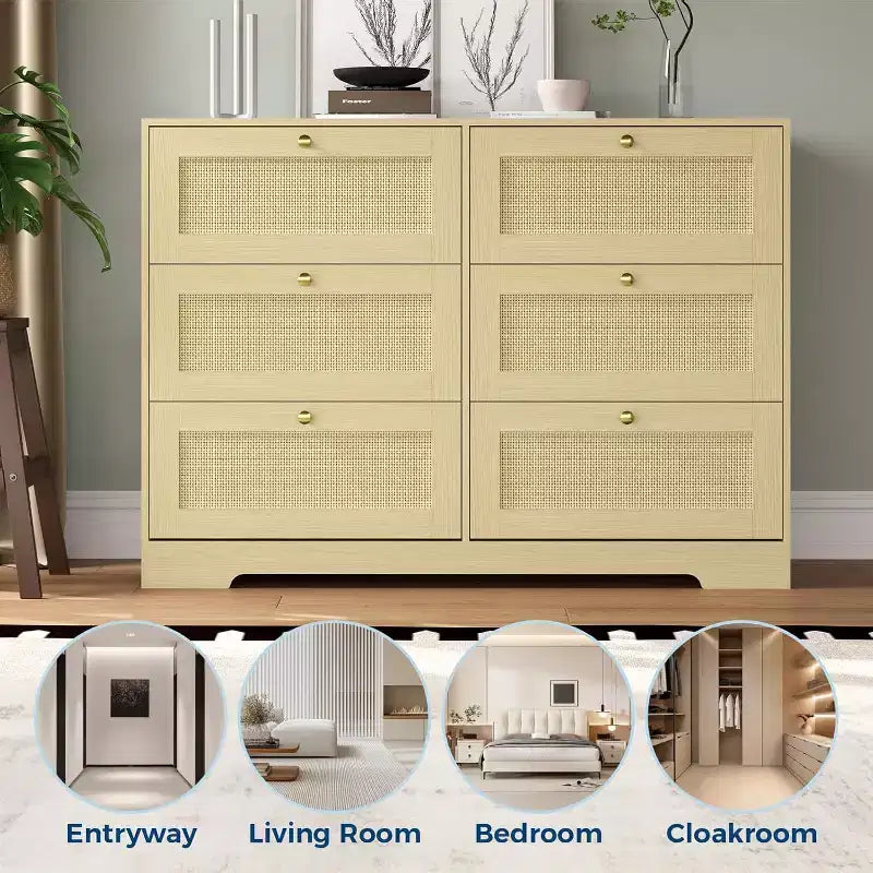 Rattan Dresser with 6/ 8 Drawers, Modern Boho Wooden Dresser, Wicker Chest of Drawers with Metal Handles & Solid Wood Legs, for Home Office