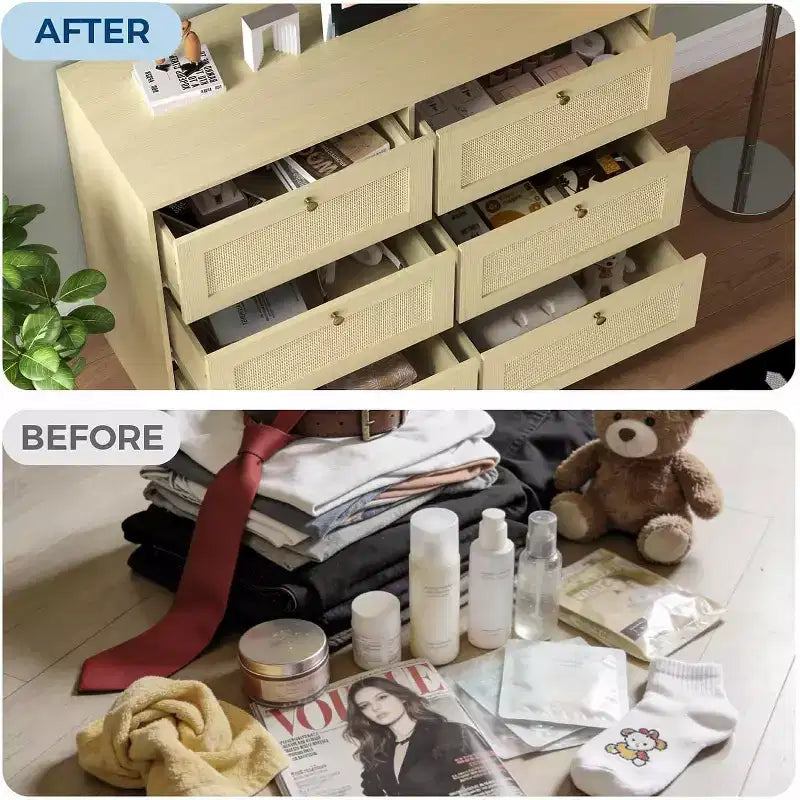 Rattan Dresser with 6/ 8 Drawers, Modern Boho Wooden Dresser, Wicker Chest of Drawers with Metal Handles & Solid Wood Legs, for Home Office