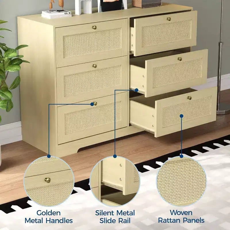 Rattan Dresser with 6/ 8 Drawers, Modern Boho Wooden Dresser, Wicker Chest of Drawers with Metal Handles & Solid Wood Legs, for Home Office
