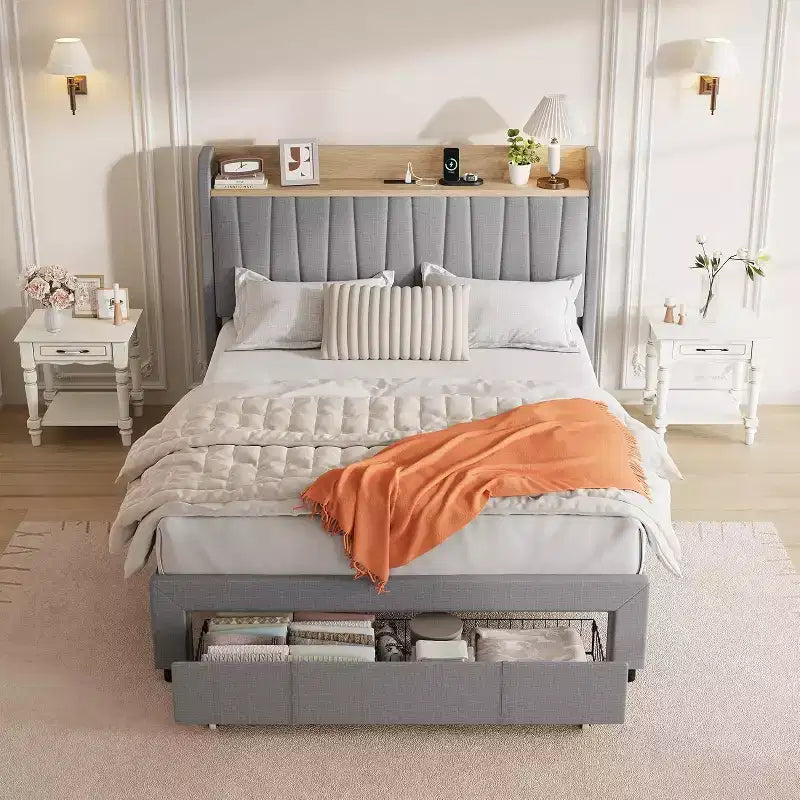 Full Size Bed Frame with Storage Headboard & Charging Station,Upholstered Platform with Storage Drawer, Wooden Slat Support, Noise-Free, Beige