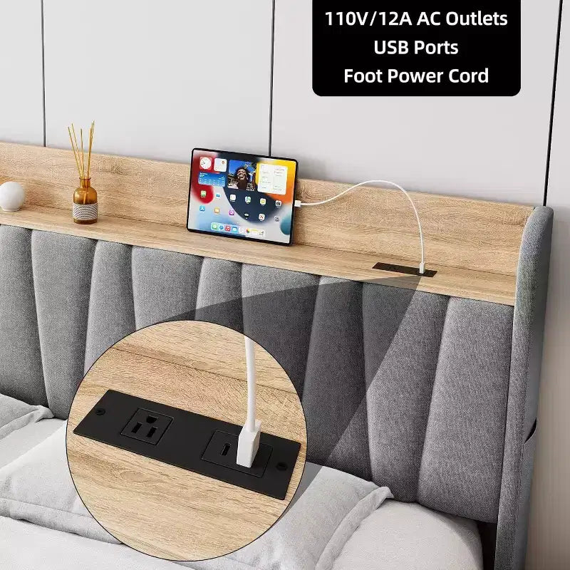 Full Size Bed Frame with Storage Headboard & Charging Station,Upholstered Platform with Storage Drawer, Wooden Slat Support, Noise-Free, Beige
