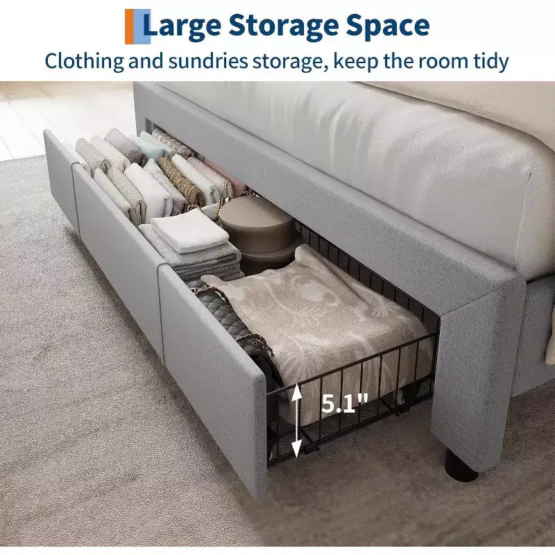 Full Size Bed Frame with Storage Headboard & Charging Station,Upholstered Platform with Storage Drawer, Wooden Slat Support, Noise-Free, Beige