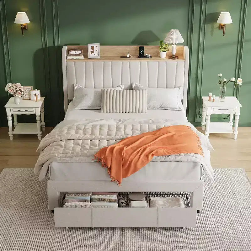 Full Size Bed Frame with Storage Headboard & Charging Station,Upholstered Platform with Storage Drawer, Wooden Slat Support, Noise-Free, Beige