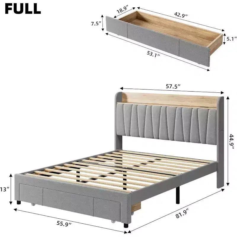 Full Size Bed Frame with Storage Headboard & Charging Station,Upholstered Platform with Storage Drawer, Wooden Slat Support, Noise-Free, Beige