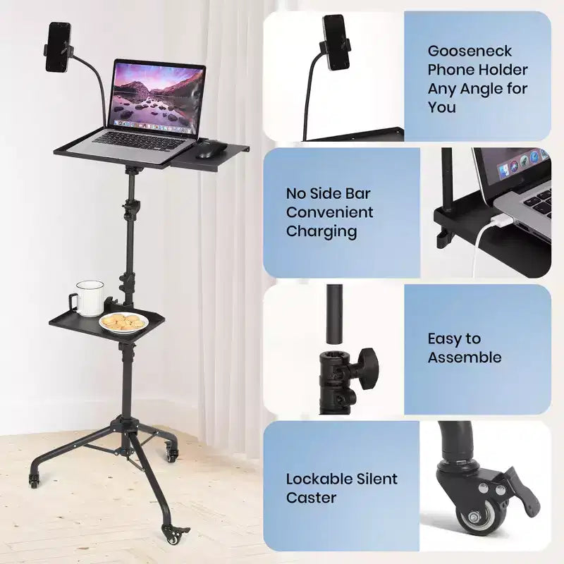 Projector Stand with Wheels, 23 to 49 Inch Adjustable Height Laptop Tripod Stand with Gooseneck Phone Holder, Portable Floor Stand for Office, Stage