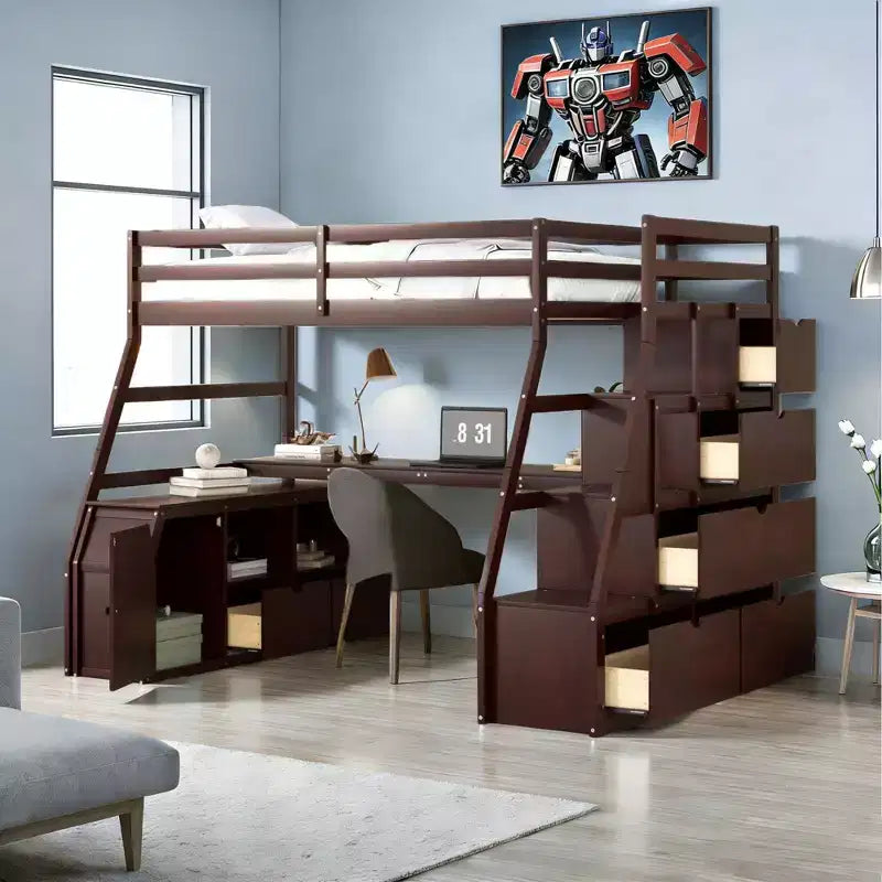 Luxystar Twin Size Loft Bed with 7 Drawers, 2 Shelves, Cabinet and Desk for Kids and Teens