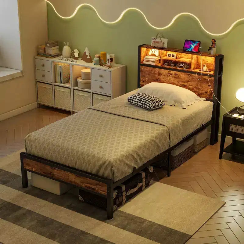 Twin Size Bed Frame with Storage Headboard, Charging Station & RGB LED Lights, Heavy Duty, No Box Spring Needed