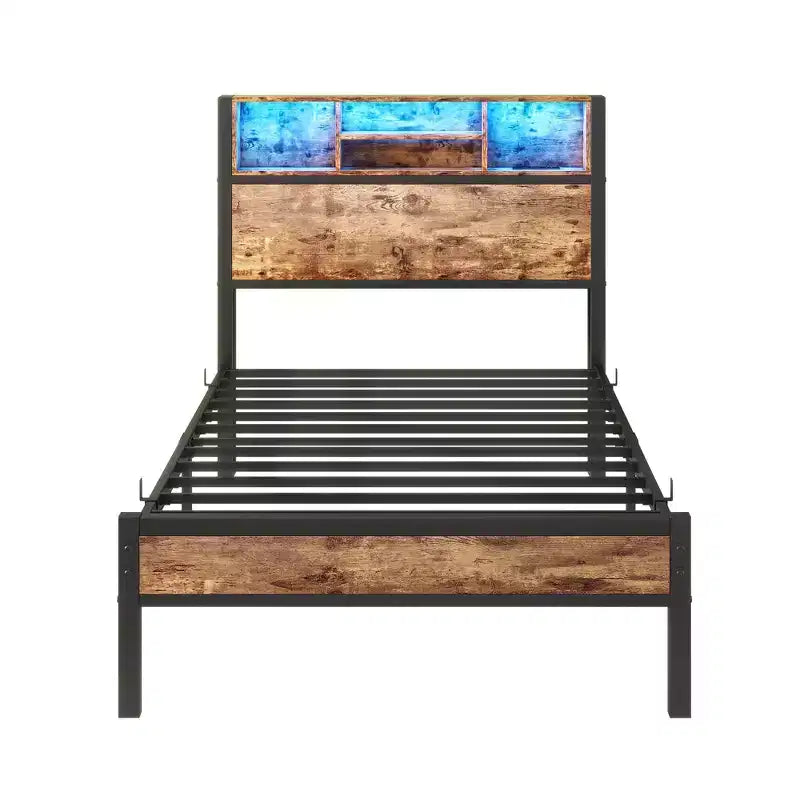 Twin Size Bed Frame with Storage Headboard, Charging Station & RGB LED Lights, Heavy Duty, No Box Spring Needed