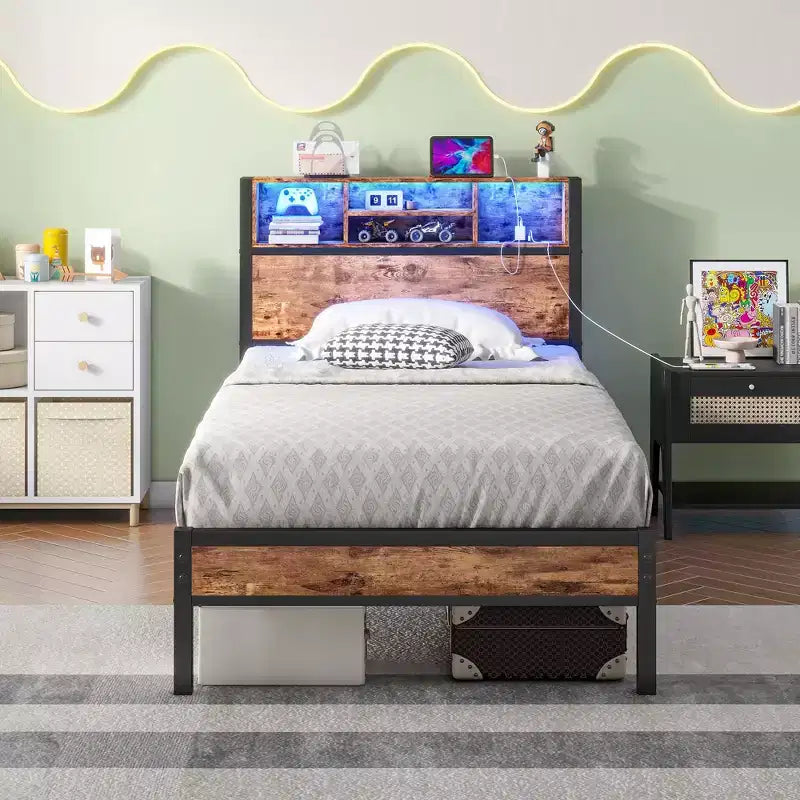 Twin Size Bed Frame with Storage Headboard, Charging Station & RGB LED Lights, Heavy Duty, No Box Spring Needed