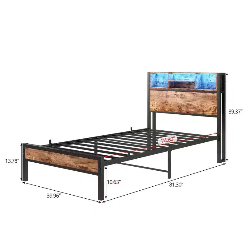Twin Size Bed Frame with Storage Headboard, Charging Station & RGB LED Lights, Heavy Duty, No Box Spring Needed