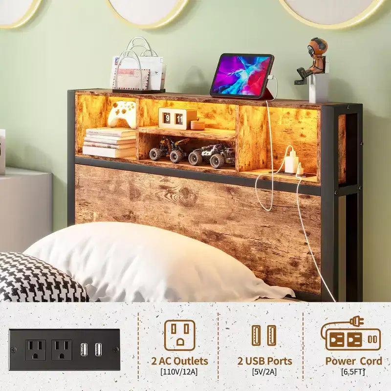 Twin Size Bed Frame with Storage Headboard, Charging Station & RGB LED Lights, Heavy Duty, No Box Spring Needed