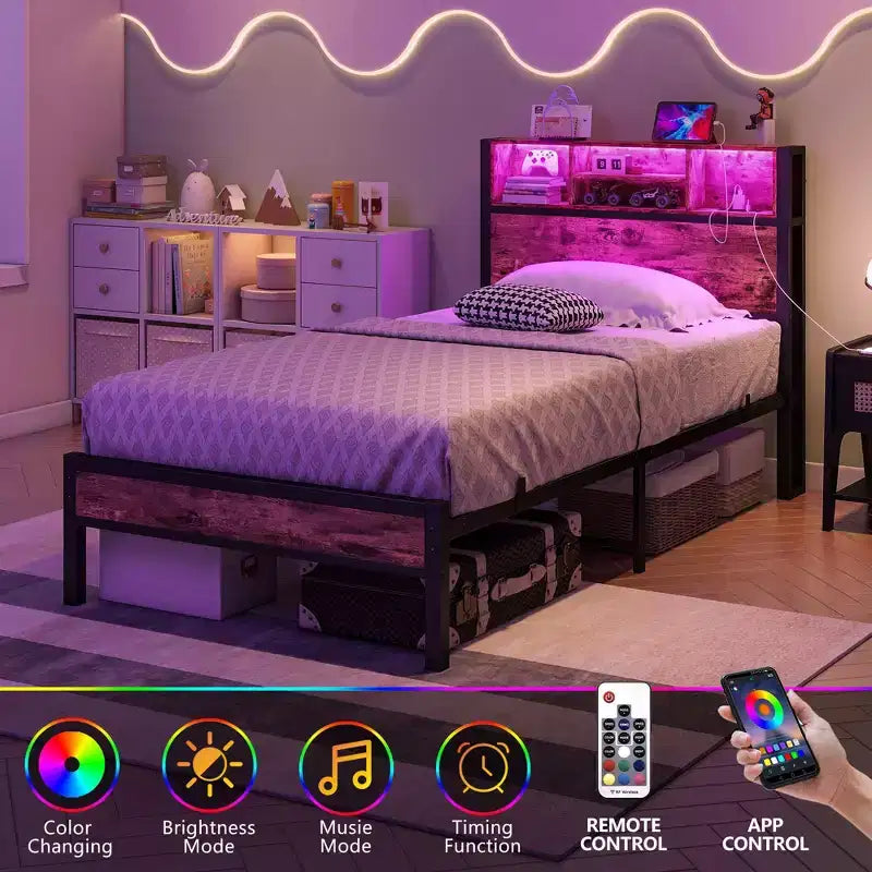 Twin Size Bed Frame with Storage Headboard, Charging Station & RGB LED Lights, Heavy Duty, No Box Spring Needed