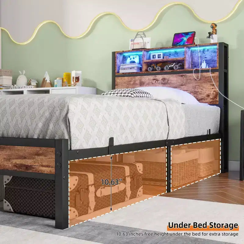 Twin Size Bed Frame with Storage Headboard, Charging Station & RGB LED Lights, Heavy Duty, No Box Spring Needed