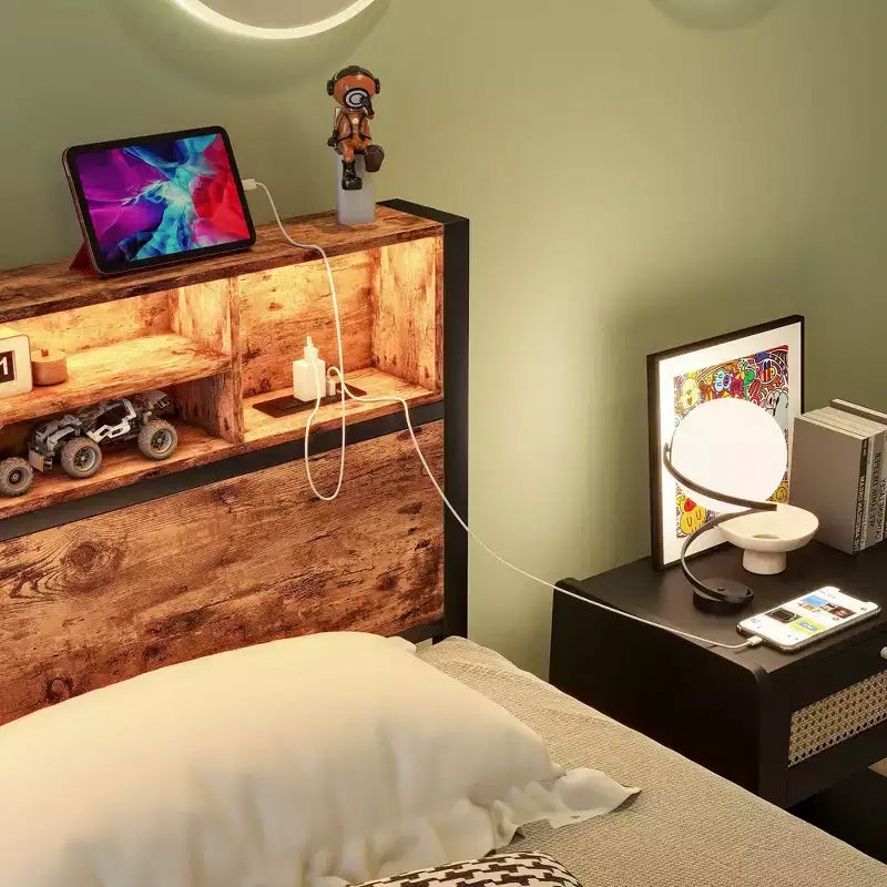 Twin Size Bed Frame with Storage Headboard, Charging Station & RGB LED Lights, Heavy Duty, No Box Spring Needed