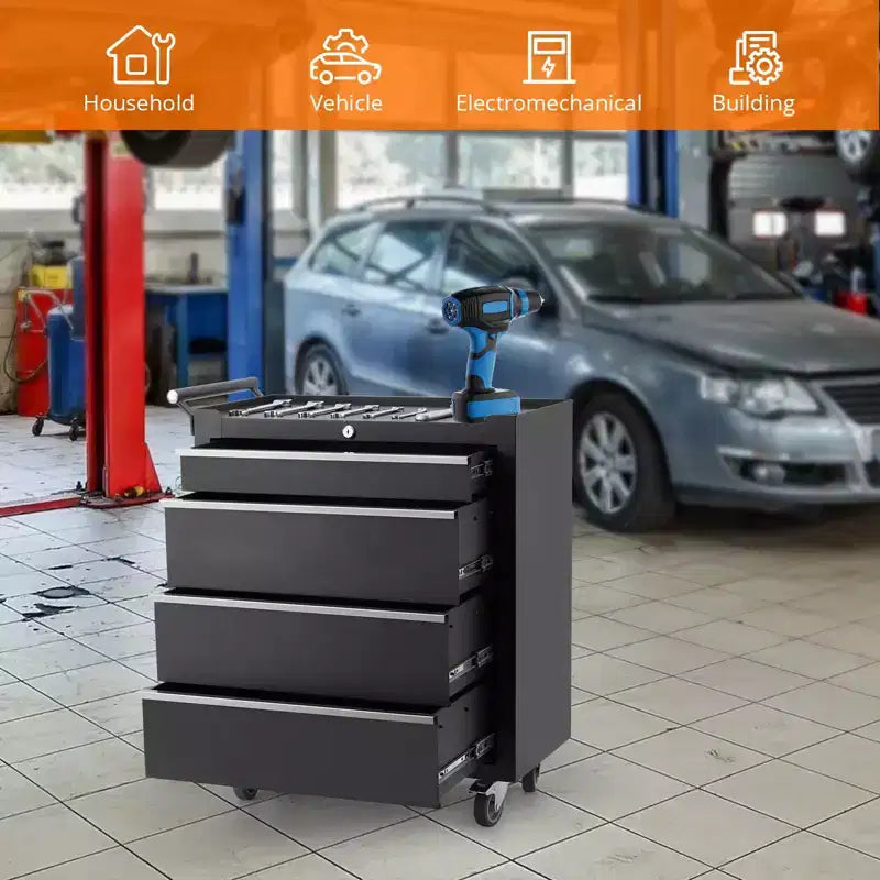 4-Drawer Mobile Tool Cart with Key Lock & Liners, Heavy-Duty Rolling Tool Cabinet for Garage & Workshop
