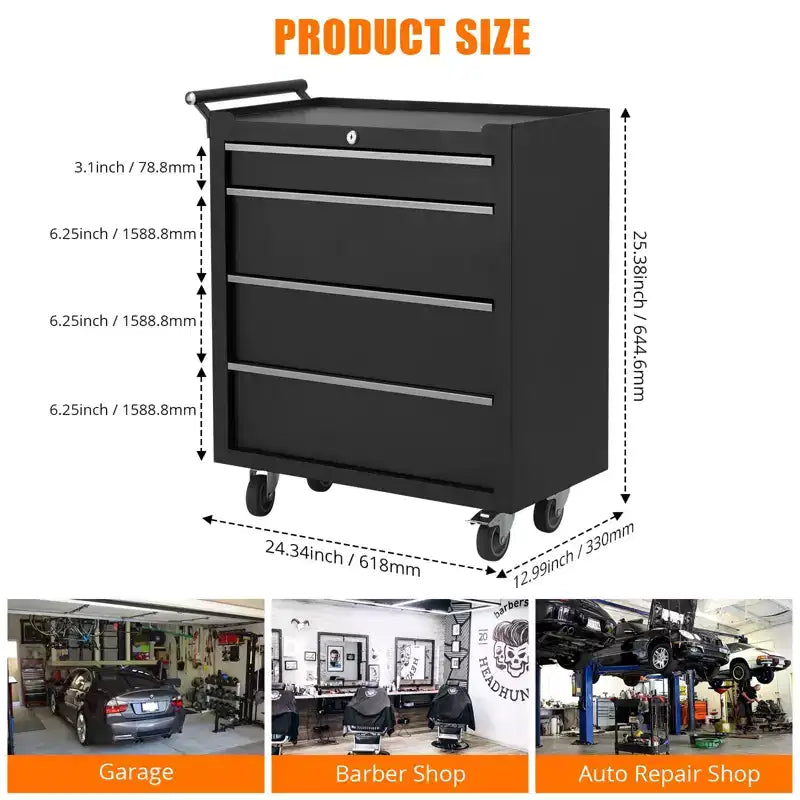 4-Drawer Mobile Tool Cart with Key Lock & Liners, Heavy-Duty Rolling Tool Cabinet for Garage & Workshop