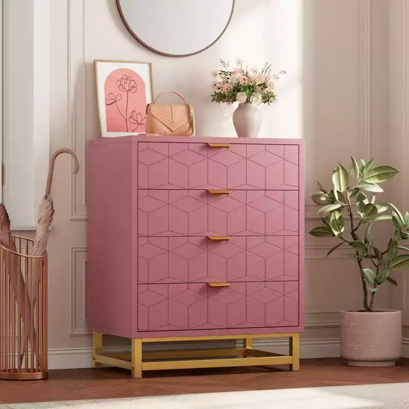 COZONY 4-Drawer Pink Dresser with Gold Handles, Modern Storage Chest for Bedroom, Hallway & Entryway Organization