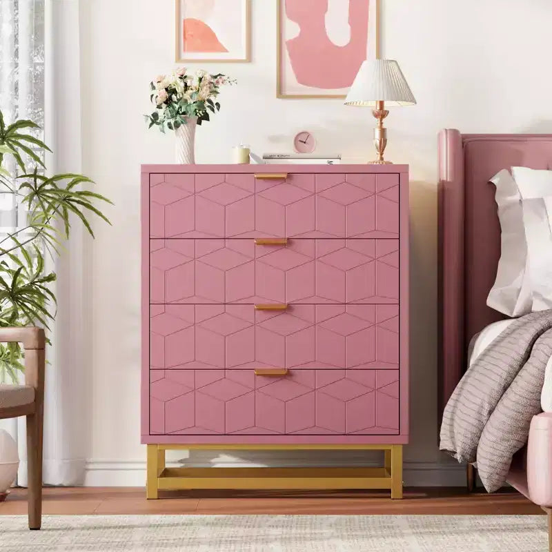 4-Drawer Pink Dresser with Gold Handles, Modern Storage Chest for Bedroom, Hallway & Entryway Organization