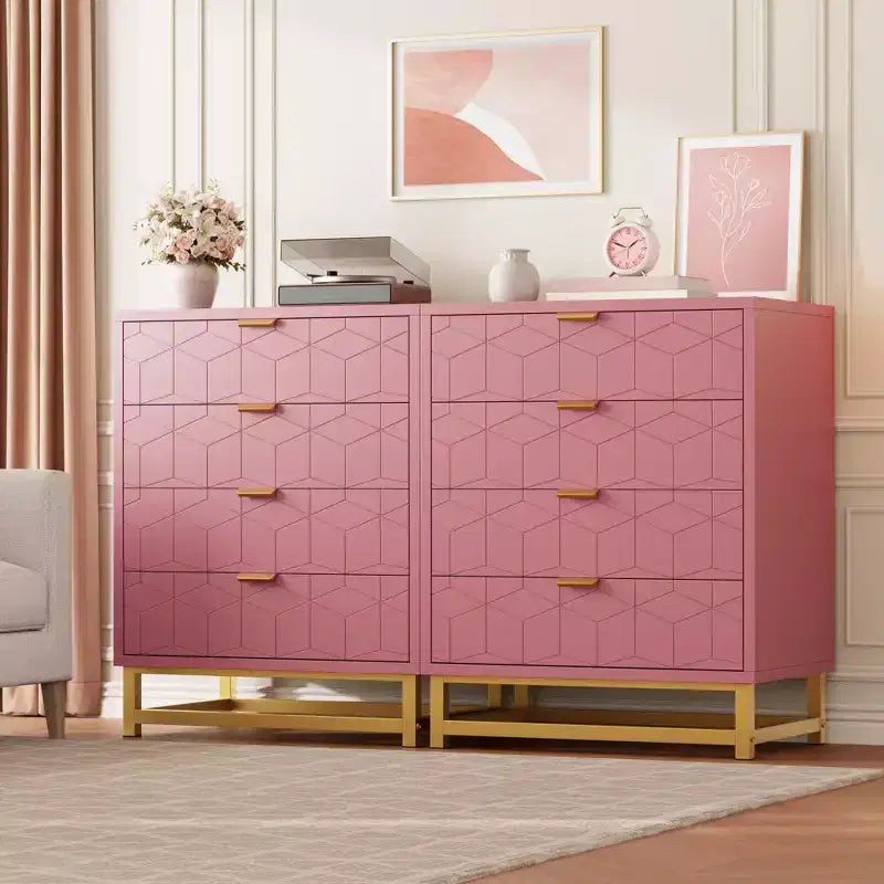 4-Drawer Pink Dresser with Gold Handles, Modern Storage Chest for Bedroom, Hallway & Entryway Organization