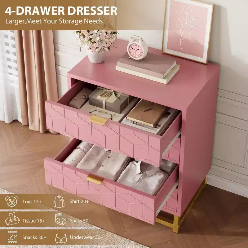 4-Drawer Pink Dresser with Gold Handles, Modern Storage Chest for Bedroom, Hallway & Entryway Organization