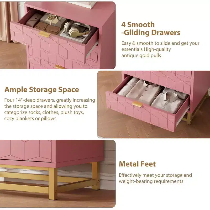 4-Drawer Pink Dresser with Gold Handles, Modern Storage Chest for Bedroom, Hallway & Entryway Organization