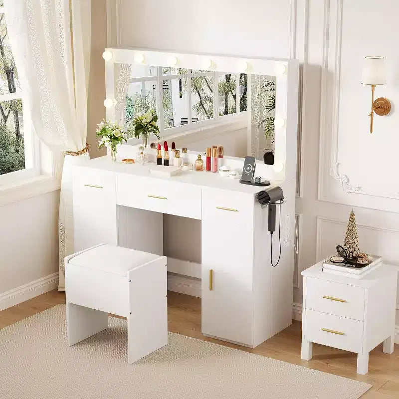 Vanity Desk with Mirror and Lights, Large Makeup Vanity Table with Power Outlet and Stool, White Vanity Dressing Table for Bedroom Dressing Room