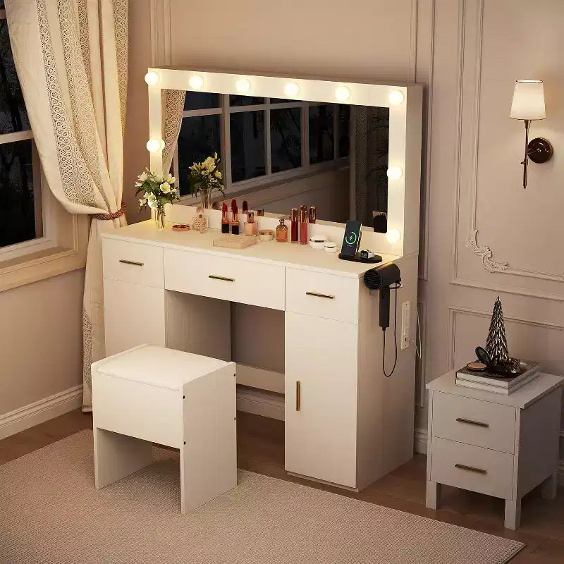 Vanity Desk with Mirror and Lights, Large Makeup Vanity Table with Power Outlet and Stool, White Vanity Dressing Table for Bedroom Dressing Room