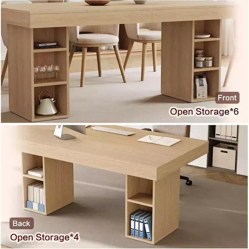 71" Rectangular Dining Table with Double-Sided Storage Shelves, Large Capacity, Seats 6-8, for Kitchen or Office