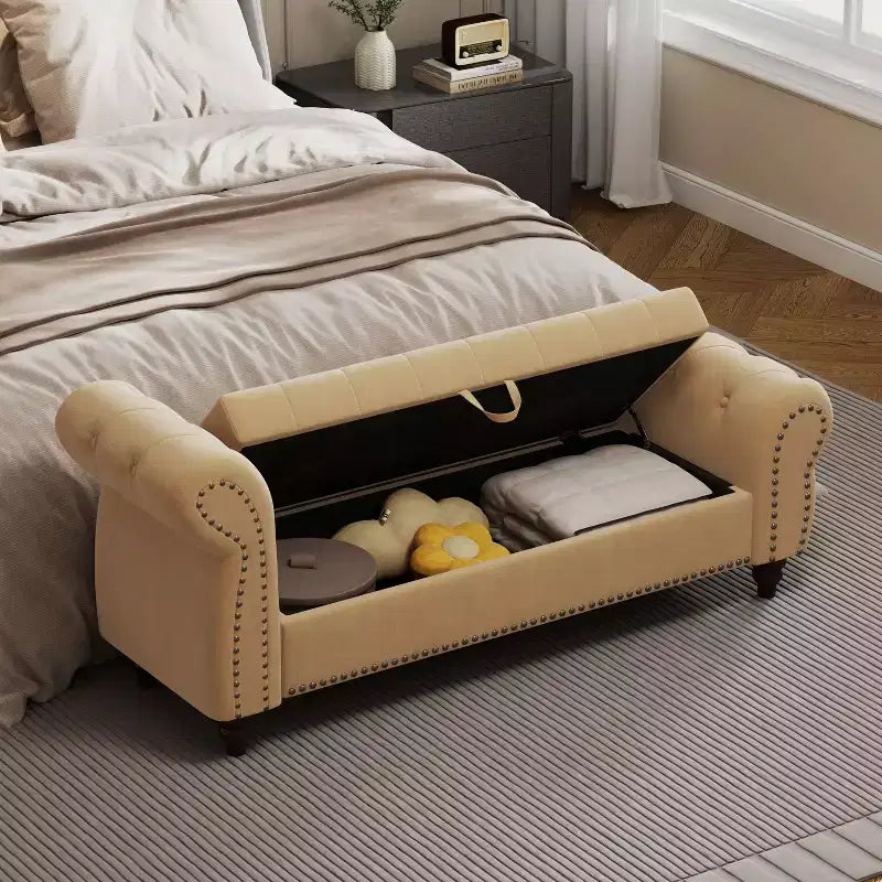 64.5" End of Bed Storage Bench with Nailhead Tufting, Entryway Bench with Velvet Cushion, Storage Ottoman for Living Room