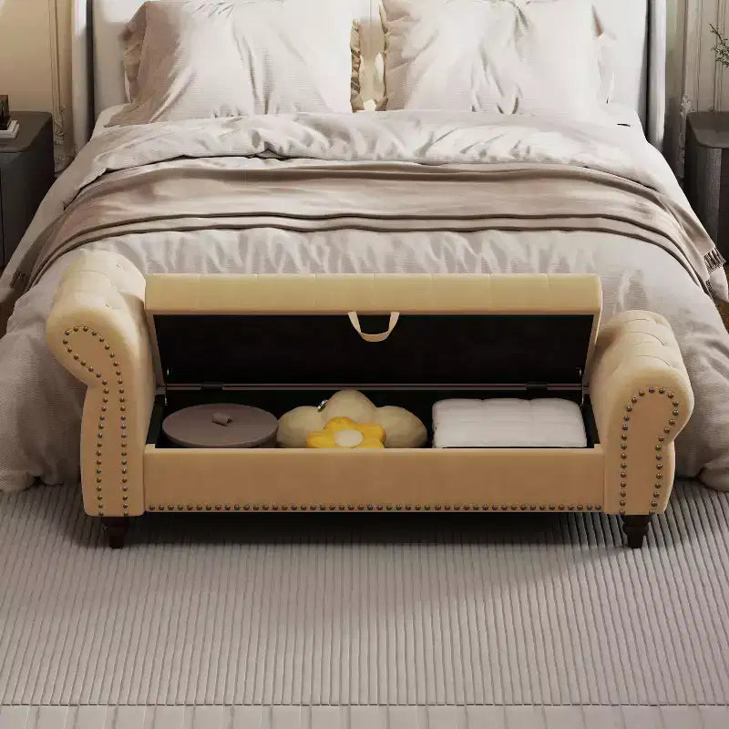 64.5" End of Bed Storage Bench with Nailhead Tufting, Entryway Bench with Velvet Cushion, Storage Ottoman for Living Room