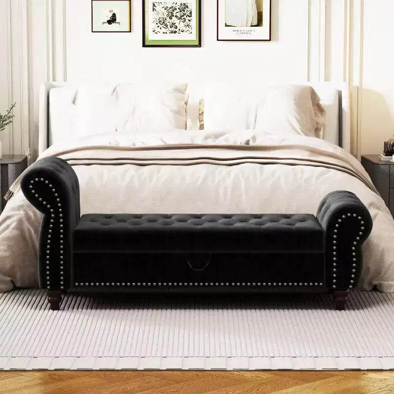 64.5" End of Bed Storage Bench with Nailhead Tufting, Entryway Bench with Velvet Cushion, Storage Ottoman for Living Room