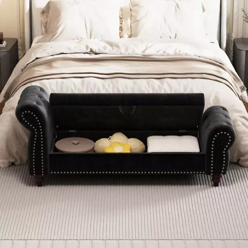 64.5" End of Bed Storage Bench with Nailhead Tufting, Entryway Bench with Velvet Cushion, Storage Ottoman for Living Room