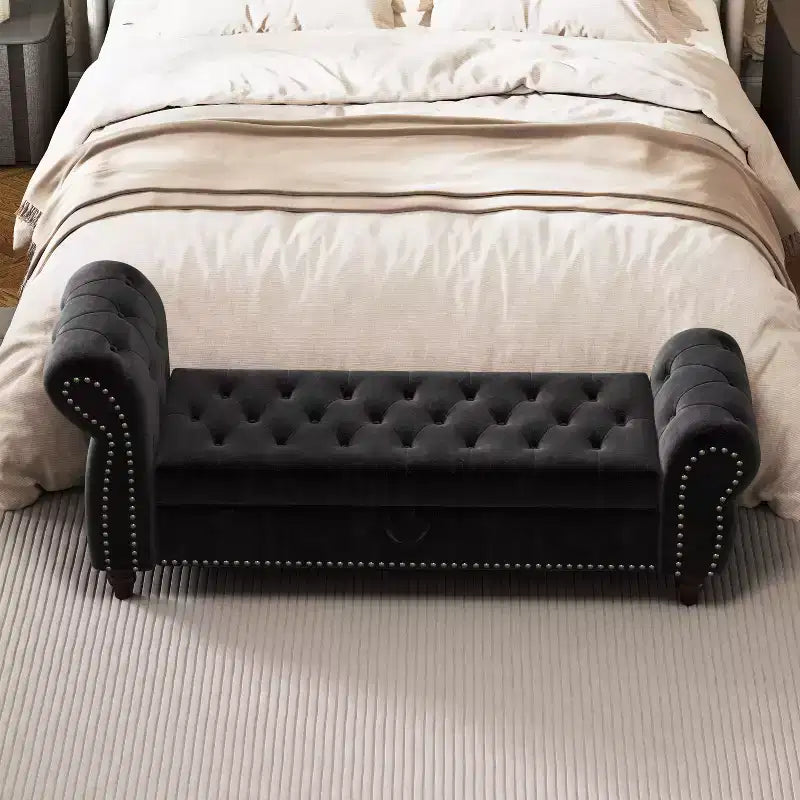 64.5" End of Bed Storage Bench with Nailhead Tufting, Entryway Bench with Velvet Cushion, Storage Ottoman for Living Room