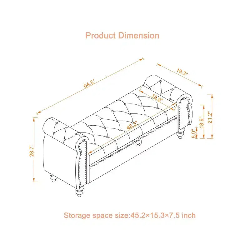64.5" End of Bed Storage Bench with Nailhead Tufting, Entryway Bench with Velvet Cushion, Storage Ottoman for Living Room
