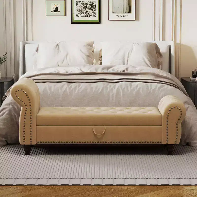 64.5" End of Bed Storage Bench with Nailhead Tufting, Entryway Bench with Velvet Cushion, Storage Ottoman for Living Room