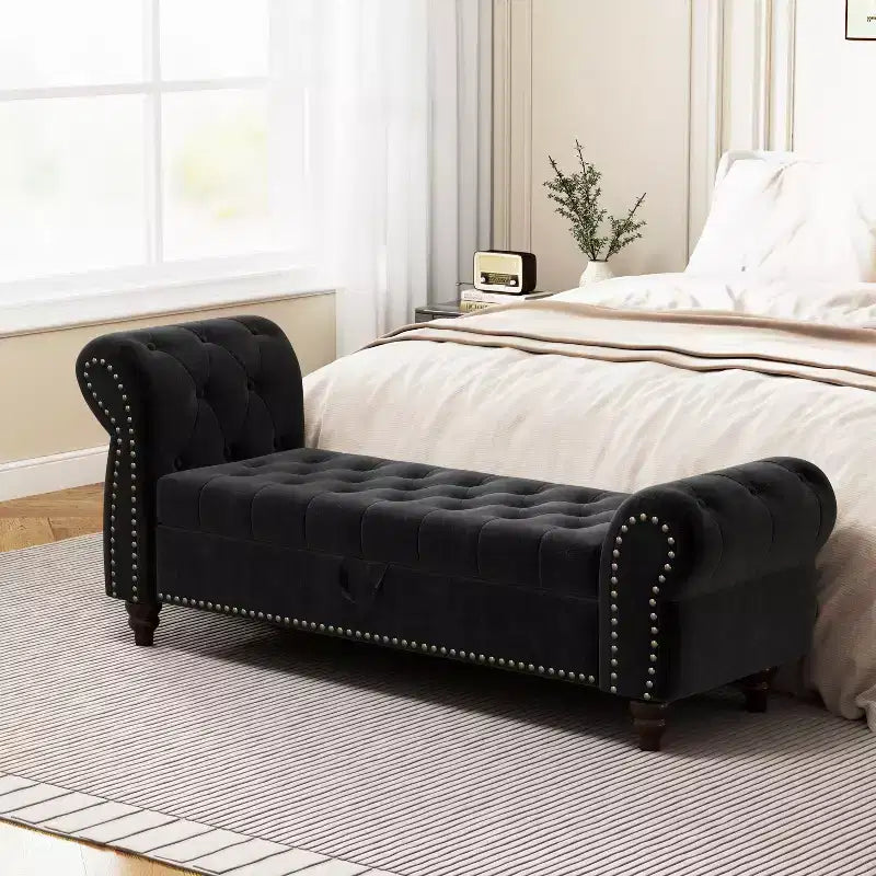 64.5" End of Bed Storage Bench with Nailhead Tufting, Entryway Bench with Velvet Cushion, Storage Ottoman for Living Room