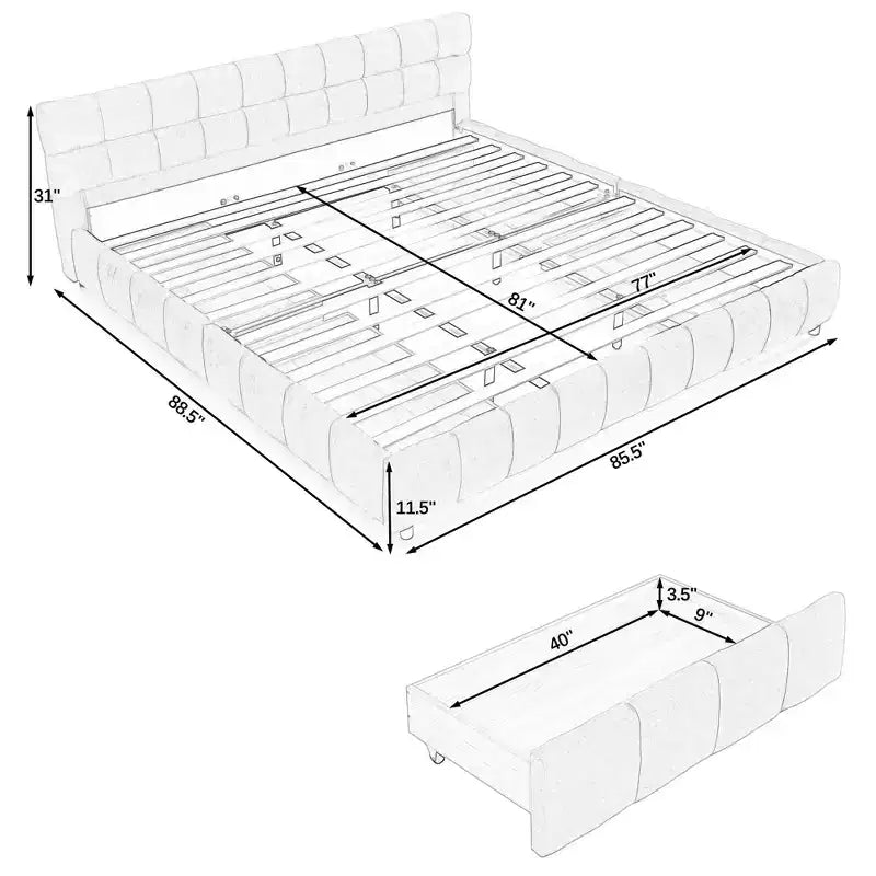 King Size Upholstered Bed with Headboard, Solid Bed Frame with Drawers for Bedroom, Dark Gray