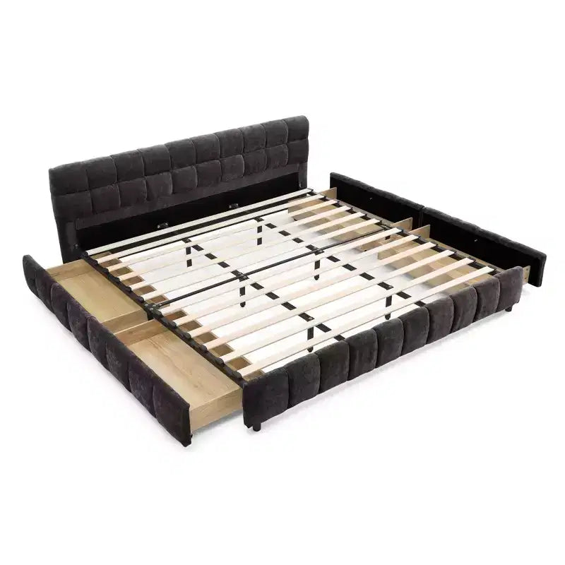 King Size Upholstered Bed with Headboard, Solid Bed Frame with Drawers for Bedroom, Dark Gray