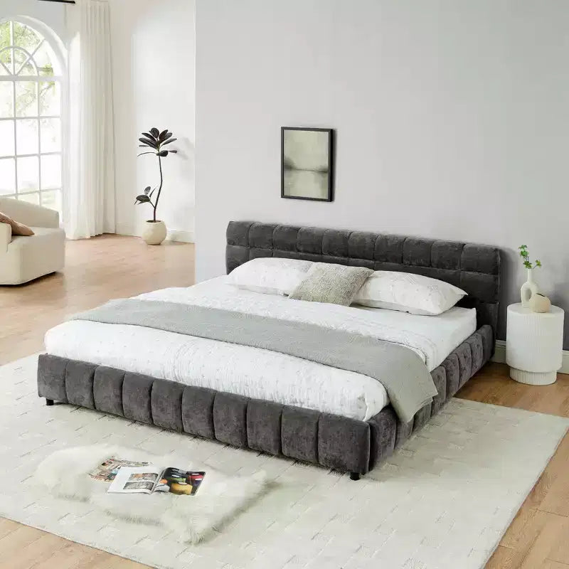 King Size Upholstered Bed with Headboard, Solid Bed Frame with Drawers for Bedroom, Dark Gray