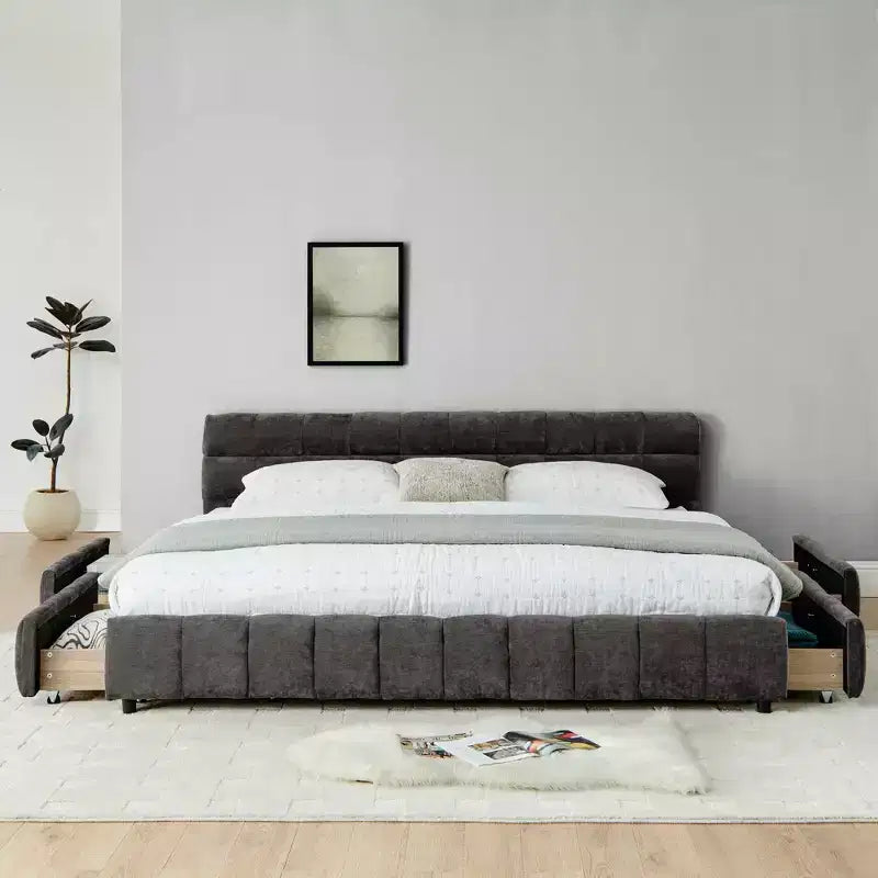 King Size Upholstered Bed with Headboard, Solid Bed Frame with Drawers for Bedroom, Dark Gray