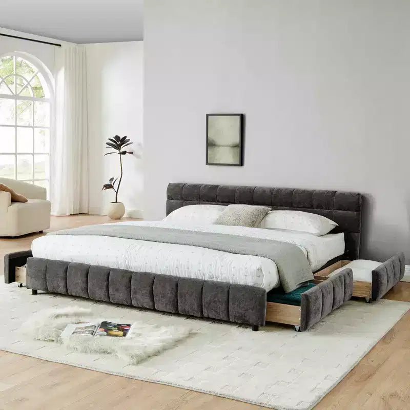 King Size Upholstered Bed with Headboard, Solid Bed Frame with Drawers for Bedroom, Dark Gray