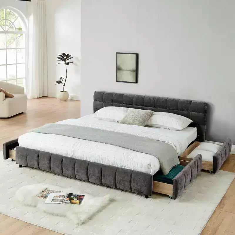 King Size Upholstered Bed with Headboard, Solid Bed Frame with Drawers for Bedroom, Dark Gray