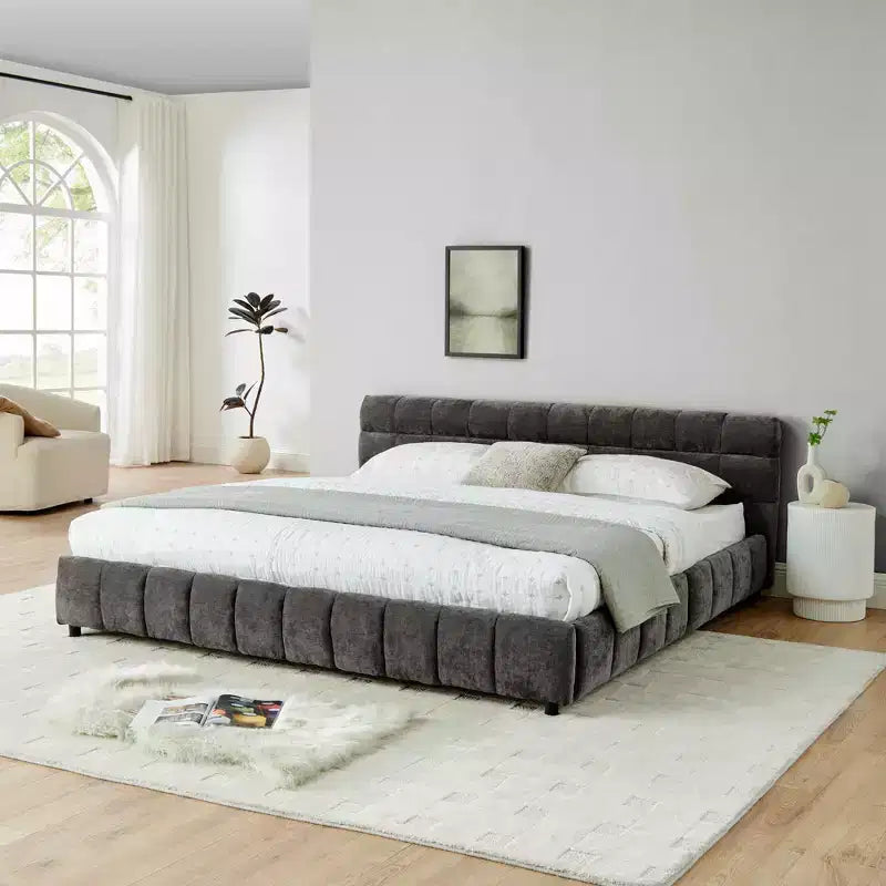King Size Upholstered Bed with Headboard, Solid Bed Frame with Drawers for Bedroom, Dark Gray