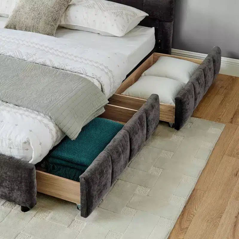 King Size Upholstered Bed with Headboard, Solid Bed Frame with Drawers for Bedroom, Dark Gray