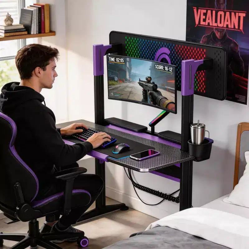 54" Gaming Desk with RGB Monitor Stand, LED Gamer Desk with Power Outlet, Ergonomic Computer Desk with Storage Boxes, Black