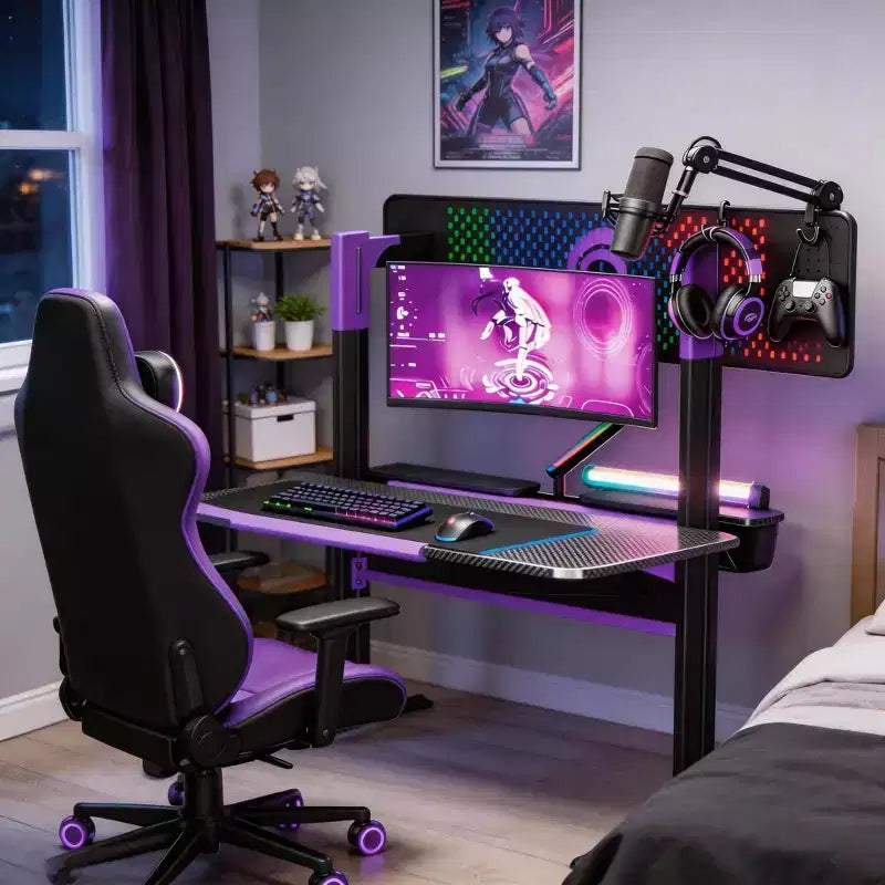 54" Gaming Desk with RGB Monitor Stand, LED Gamer Desk with Power Outlet, Ergonomic Computer Desk with Storage Boxes, Black