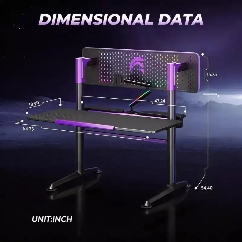 54" Gaming Desk with RGB Monitor Stand, LED Gamer Desk with Power Outlet, Ergonomic Computer Desk with Storage Boxes, Black