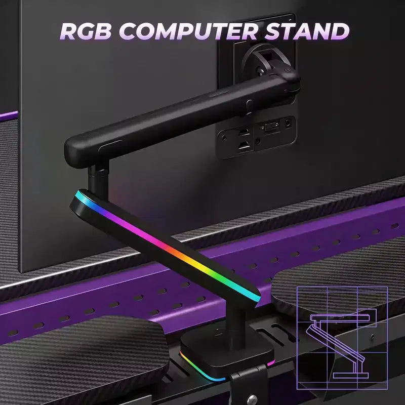 54" Gaming Desk with RGB Monitor Stand, LED Gamer Desk with Power Outlet, Ergonomic Computer Desk with Storage Boxes, Black