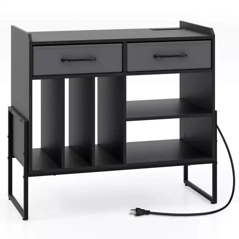 Large Record Player Stand with Charging Station, 2 Fabric Drawers, Adjustable Shelf — Rustic Brown & Gray/Black/White